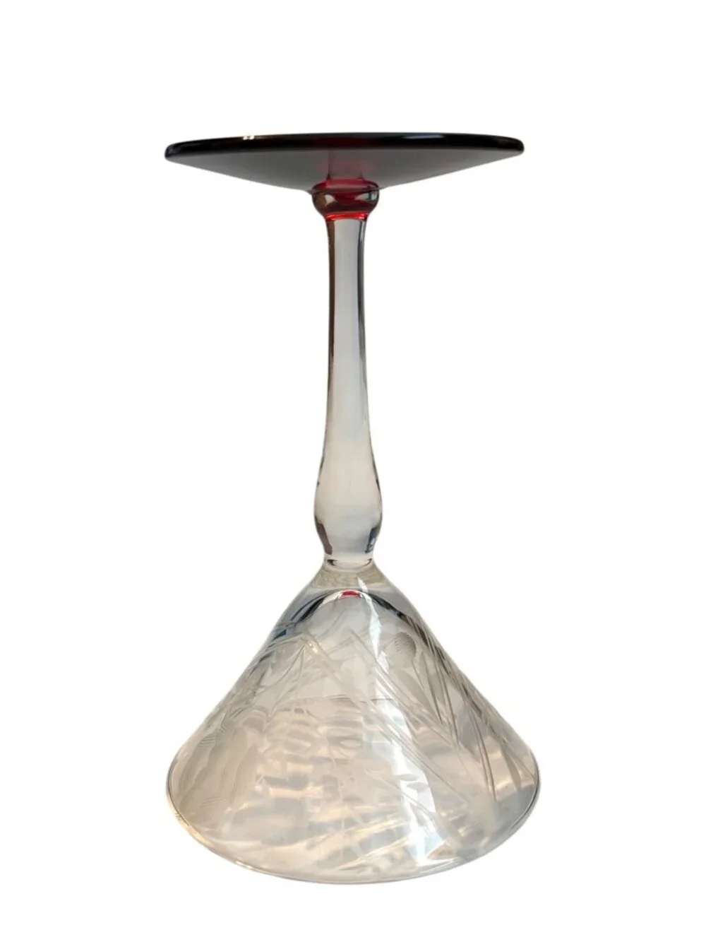 Vintage Etched Crystal Martini Glass With Ruby Red Base Floral Design Elegant Ba